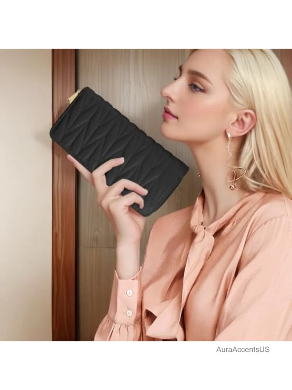PU Leather Quilted Long Wallet with Zipper, Large Capacity Clutch